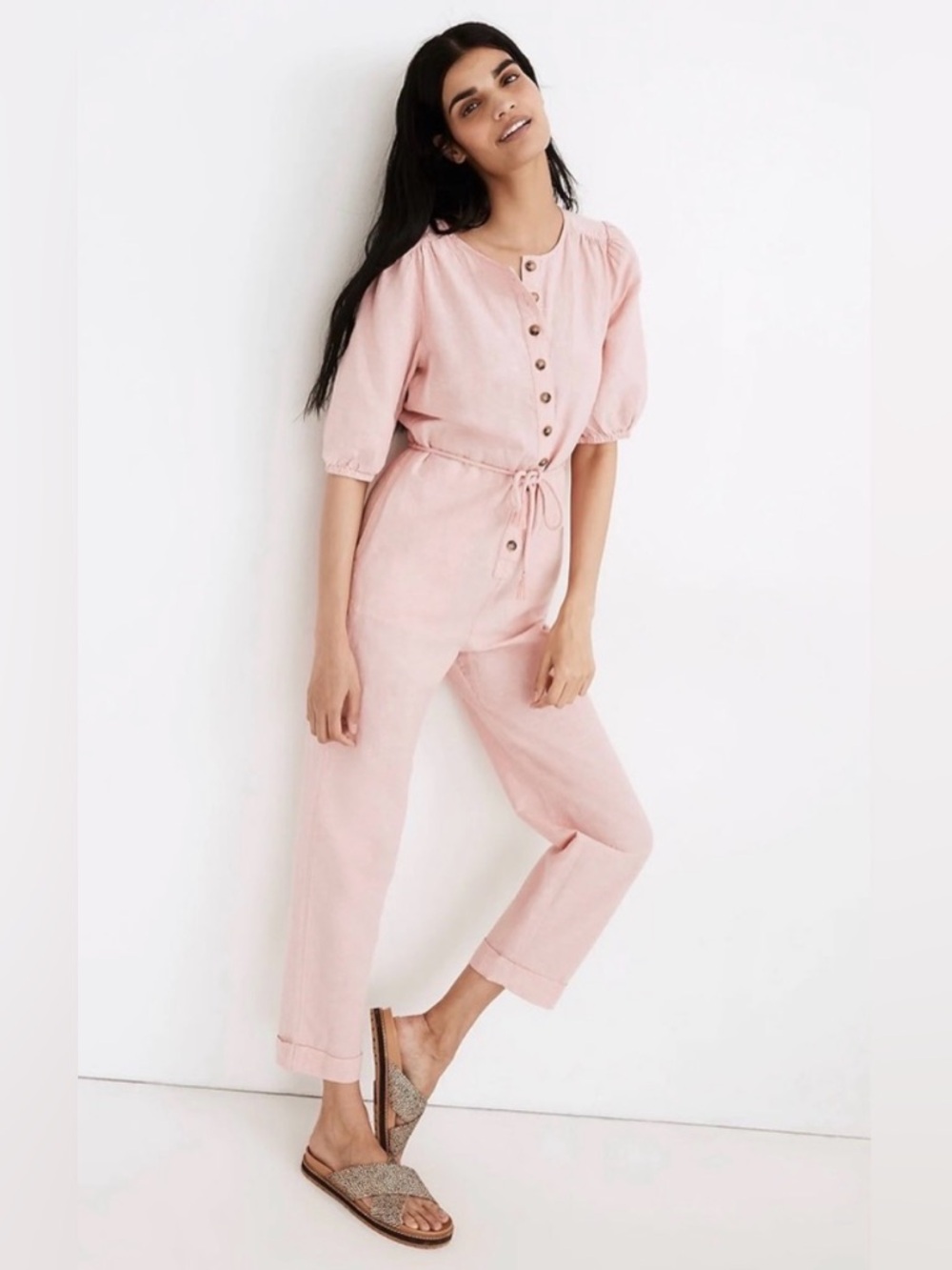 NWT Madewell Linen Blend Puff Sleeve Tassel Tie Jumpsuit In Coral Sunrise